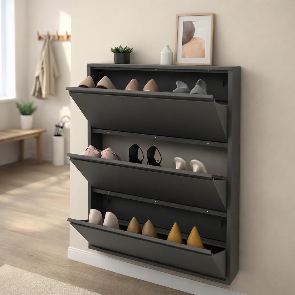 Metall Schuhschrank mit 3 Klappfächern, Schmaler Schuhkipper für Flur, Schuhregal für 12–20 Paar Schuhe, Moderner Schuhschrank für Eingangsbereich & Wohnzimmer (3 Klappfächern)