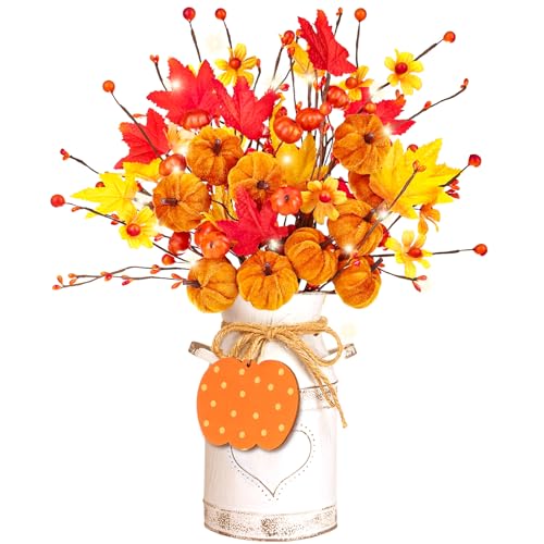Thanksgiving Centerpieces for Tables Fall Table Decor 5 Pcs Artificial Pumpkins Maple Leaf Stems with Vase, String Lights and Wooden Sign Flowers Arrangements for Autumn Harvest Farmhouse Home Decor