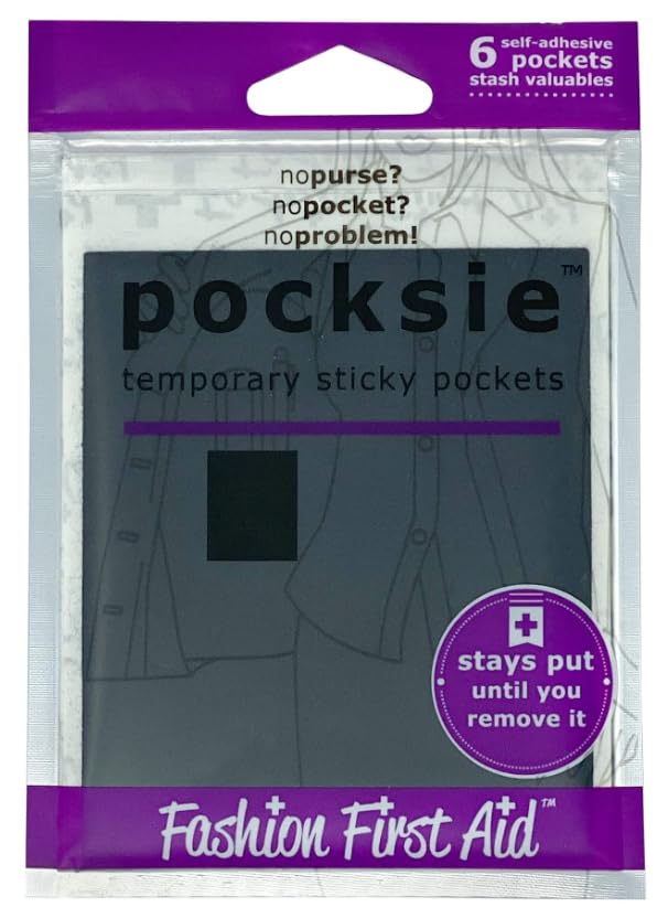Image of Fashion First Aid Pocksie Temporary Sticky Pockets (Black- 6 Pack) - Hands-Free Hidden Storage for Leggings, Jackets & Pocketless Clothing - Cotton Adhesive Pockets for Cards & Money (4.1 inch x 3.3 inch)