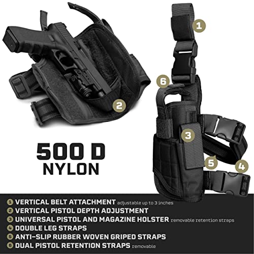 Tacticon Universal Drop Leg Holster | Combat Veteran Owned Company | Tactical Thigh Holster With Mag Pouch | 500D Nylon Adjustable 1911 Gun Holster Fits Any Size Pistol (Left-Handed, Black) #TOP2