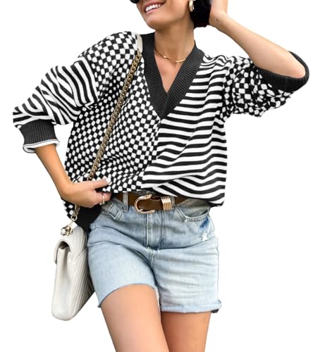 Saodimallsu Womens Checkered Striped Sweater V Neck Long Sleeve Fall Trendy Loose Knit Cozy Pullover Tops2