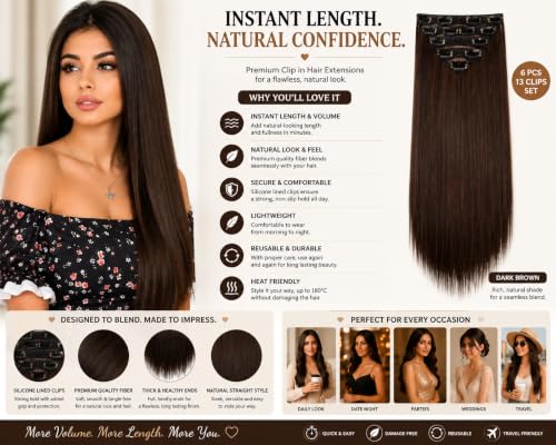 Image of Salon-Grade Dark Brown Straight Clip-in Extensions - 6PCS Synthetic Hair Volumizer with 13 Secure Clips for Instant Volume & Realistic Blend