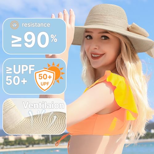 TOBEHIGHER Beach Hats for Women - Beach Hat Womens UPF 50+, Packable Sun Hat Women Roll Up, Wide Brim Straw Hat for Women, Beige
