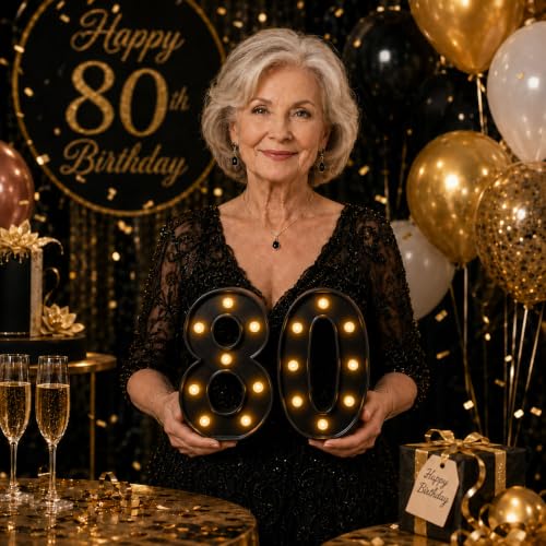 Image of 80 Light up Numbers Battery-Operated Light-Up for Party Black | 80th Birthday Decorations for Women Men Party Decoration 80th Birthday Gifts for Women