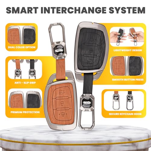 Image of Car Key Cover Compatible with Hyundai i20, Creta, Venue, Tucson, Alcazar, Verna, Xcent, Aura, Elantra 3-Button Smart Key (2 in 1 Dual Leather Metal)
