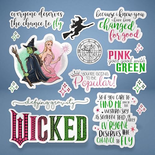 Wicked Stickers – 16-Piece Waterproof Vinyl Decal Pack for Wicked Party Decorations, Merch & Party Favors, Broadway Fan Gift for Laptops, Water Bottles, and Scrapbooks