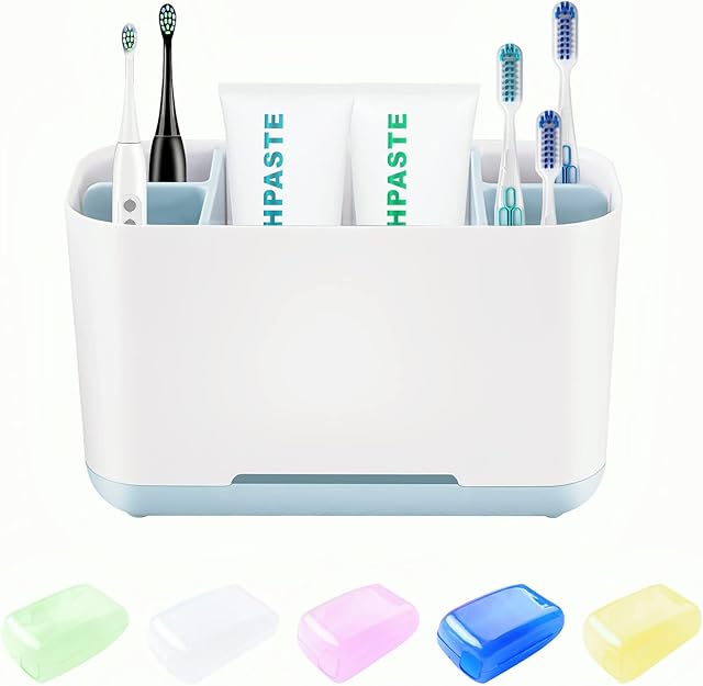 AMANMAN Toothbrush Holder with Drainage Large Electric Toothbrush Stand Detachable Plastic Toothbrush Caddy with 5 Head Covers Bathroom Organizer for Family Kids Toothbrush Toothpaste Razor Storage