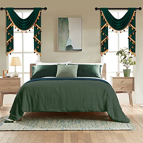 Elkca Dark Green Velvet Waterfall Valance For Living Room Single Hollow Swag Curtains Valance With Gold Colorful Pom Pom Tassel,Rod Pocket,1 Panel #TOP1