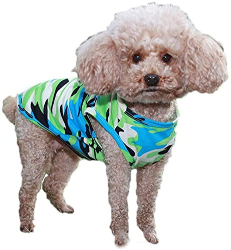可愛い 迷彩柄 ペット服 犬服 洋服 ドッグウェア Tシャツ ワンピース パジャマ ベスト カップ ル服 コットン 涼やか スポーツ服 上着 ファッション 人気 仮装 小中型犬服 猫服 ペット用品 春夏服 脱毛保護 お散歩 お出かけ (S,ブルー)