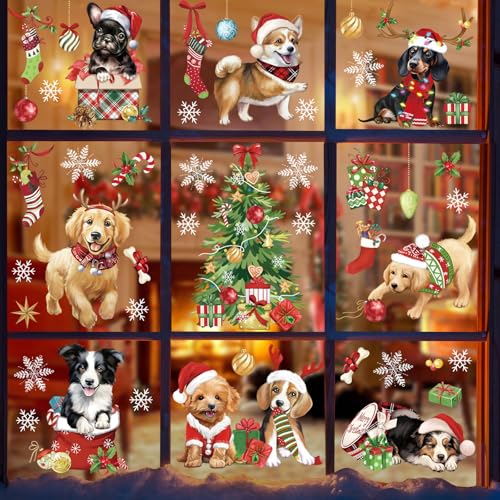 Wondever Christmas Dog Puppy Window Clings - Pet Dogs Christmas Tree Glass Sticker Decal, Anti-Collision Double-Side Static Decals for Christmas Party
