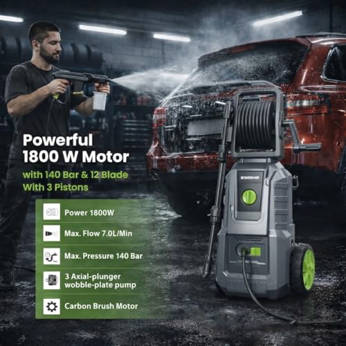 Image of Senkai Impreza MAXX High Pressure Car Washer Pump(with Pressure Adjustment) | 1800 Watts Motor,140 Bar Pressure | 7.0L /Min Flow Rate | 8m Outlet Hose Upright Design with Wheels Car Cleaning Purpose