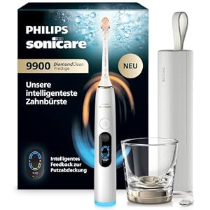 Philips Sonicare Next-Generation DiamondClean 9900 Prestige elektrische Zahnbürste - intelligentes Feedback zur Putzabdeckung, intelligente Andruckkontrolle und 24 Einstellungen, Silberweiß, HX9813/91