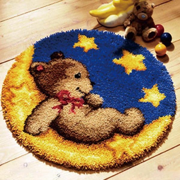 CraftsFabrics Moon Sleeping Bear Rug 60% Cotton 40% Polyester DIY Crafts Yarn Carpet Round Shape Animal Custom Latch Hook Rug Crochet Kits for Beginners Adults