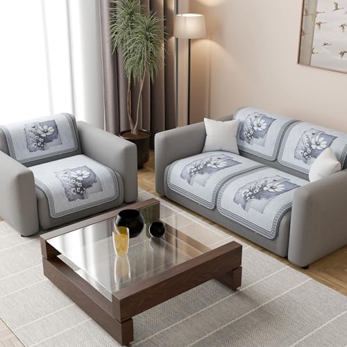 Image of Kuber Industries 2+1 Seater Sofa Cover | Velvet Slipcover for Living Room | Thick & Cozy | Non-Slip Comfort Sofa Cover Set | Pyramid Flower 560 - Grey & White