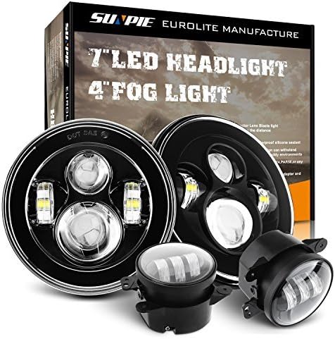 SUNPIE Round 7 inch Black LED Headlights(BUILT IN LED CANBUS) + 4 inch LED Fog Lights for JK TJ LJ 1997-2018