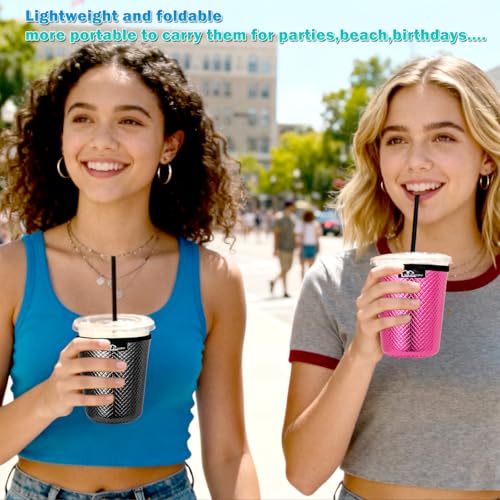 Image of WKIEASON Reusable Iced Coffee Sleeves 16-32OZ PU Leather Neoprene Coffee Cup Sleeves Insulator Cover for Cold Drinks Beverages, Starbucks, McDonalds, Dunkin Donuts and More(Black Set)