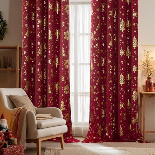 PONY DANCE Cortinas Opacas Termicas Aislantes Frio y Calor, Curtains Blackout Estampada Navideña for Living Room/Bedroom/Salon/Cocina con Fruncidas 2 Piezas,140x175cm,Rojo