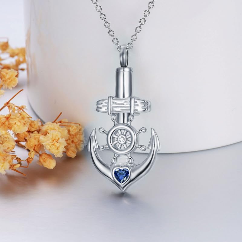 SOULMEET Birthstone Anchor Necklace for Ashes, Nautical Anchor Birthstone Urn Locket, Silver/White Gold Keepsake Cremation Jewelry Gift Pet Human Ashes Holder Sailing Pendant Necklace