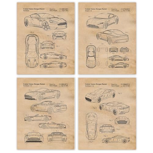 Classic Aston Martin Automobile Patent Prints, 4 (8x10) Unframed Photos, Wall Art Decor for Home Work Office Design Studio Car Tech AMR Garage Parts Shop School Student Teacher Coach Builder