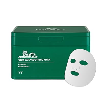 VT COSMETICS CICA Daily Soothing Mask 30 Sheets, Centella Asiatica & Hyaluronic Acid for Moisturizing & Hydrating, Instant Calm & Glow, Skin Softening Facial Mask, Korean Face Mask