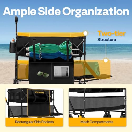 Image of VIVOHOME 400L Large Capacity Double Decker Collapsible Wagon 500lbs Heavy Duty Utility Folding Cart with Big Wheels 53 inch Extended for Camping, Sports
