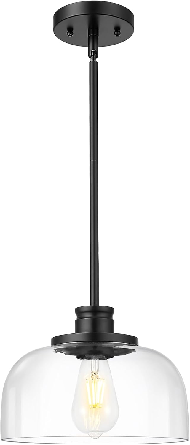 Emak Modern Pendant Lights Kitchen Island, Black Pendant Light with 10 Inch Clear Glass Shade, Farmhouse Hanging Light Fixture for Kitchen Island, Dining Room, Bathroom, Bar, PL131-BK-CG