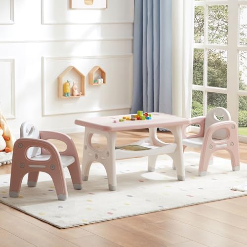DOREROOM Kids Table and Chair Set, Plastic Children Activity Table with 2 Chairs, Toddler Table and...