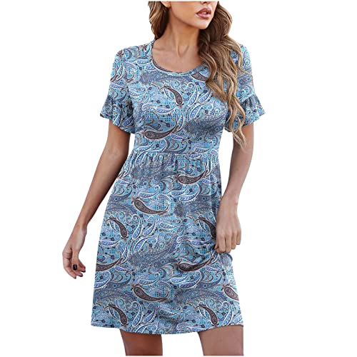 Womens Ruffle Short Sleeve Scoopneck Summer Dresses Casual Floral Print High Waist Tshirt Dress Comfy Short Party Dress Womens Ruffle Short Sleeve Scoopneck Summer Dresses Casual Floral Print High Waist Tshirt Dress Comfy Short Party Dress