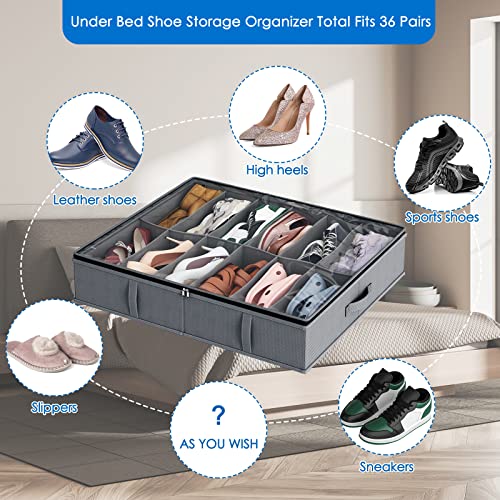 Fixwal Under Bed Shoe Storage Organizer 3Pcs Foldable Organizer Shoe Containers, Total Fits 36 Pairs, Sturdy Shoe Boxes Storage With Clear Window 3 Handles, Grey #TOP3