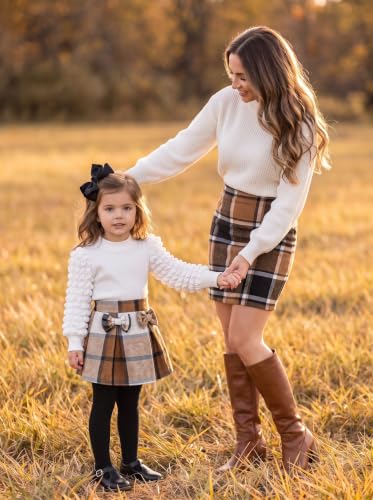 Image of Noubeau Toddler Girls Plaid Outfits Girls Puff Sleeve Knit Ribbed Shirt Tops Plaid Skirt Set Kids Fall Winter Clothes