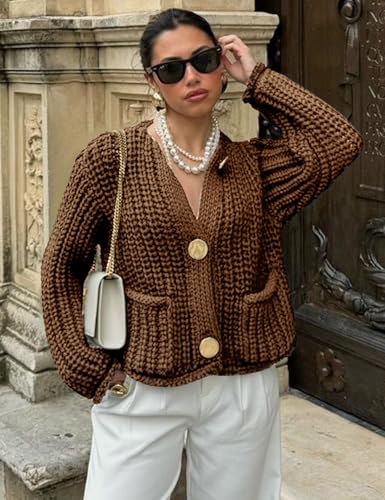 Yimoon Women's Cropped Cardigan Sweaters Button Down Chunky Knit Sweater Long Sleeve Fall Open Front Cardigan(Brown-L)3