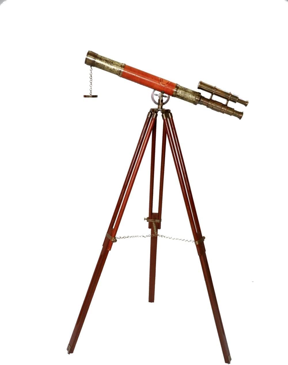Vintage Antique Brass Telescope Double Barrel Style Brown Leather Beautiful Design with Floor Standing Wooden Tripod Stand