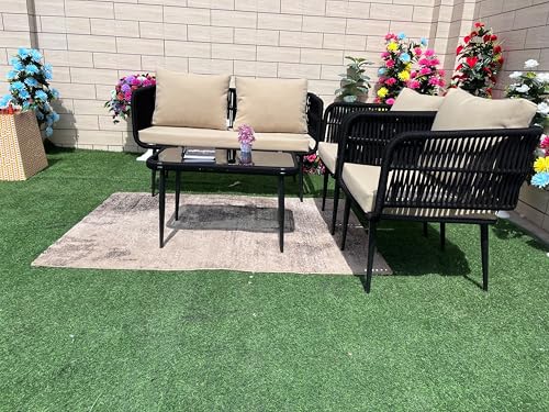 Image of LOCCUS 4-Piece Outdoor Indoor Rope Patio Furniture Set Conversation Garden Waterproof Weaving Rope Bistro Set for Balcony Lawn Garden Terrace (Beige and Black)