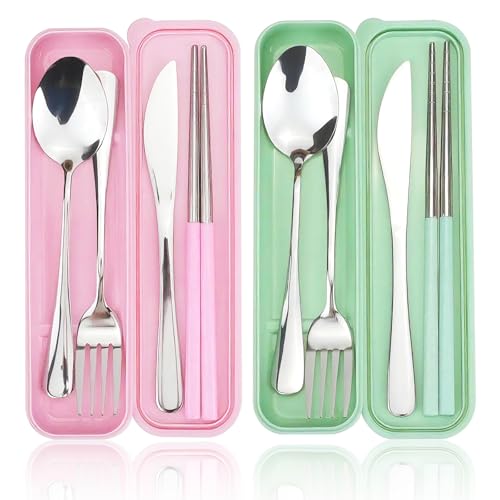 DIYJEP 2 Juegos de Cubiertos de Acero Inoxidable con Estuche, Cubiertos de Camping Portátiles， Cubiertos Viaje con Cuchillo Tenedor Cuchara Palillos Chinos para Llevar Trabajo Escuela (Verde+ Rosa)