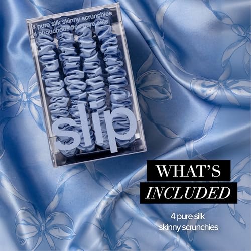 Image of Slip Silk Hair Ties - Skinny Silk Cornflower Scrunchies, No Damage, No Crease, Anti-Breakage |100% Mulberry Silk | All Hair Types | Made with Proprietary Slipsilk | Set of 4