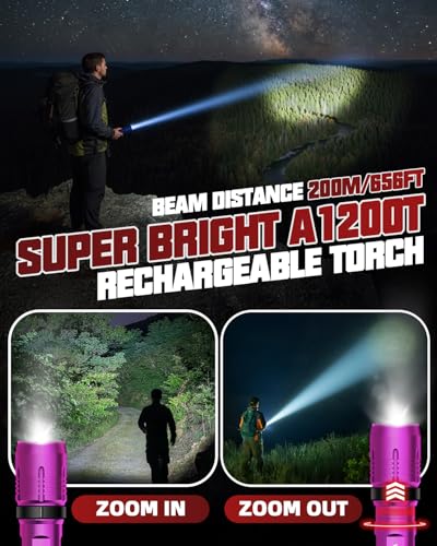 Image of Victoper Pink Rechargeabe Flashlight 2 Pack, High Lumens 5 Modes LED Bright Tactical Flashlights, Waterproof Zoomable Flash Light for Outdoor, Gifts for Camping Essentials Gear