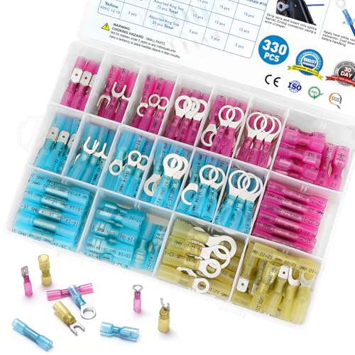 Image of TICONN 330 Pcs Heat Shrink Wire Connectors, Marine Crimp Ring Terminal Kit | Waterproof Seal, Corrosion Resistant Thick Tinned Copper, 3:1 Heat Shrink, Color-Coded Identification, Auto & Marine Use