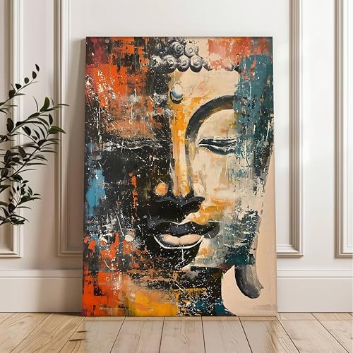 Image of PAINTINGMANTRA Abstract Buddha Painting for Living Room, Buddha wall Art Painting for living room, Bedroom, office and Meditation Room, Stretched Canvas, 16x22 Inch