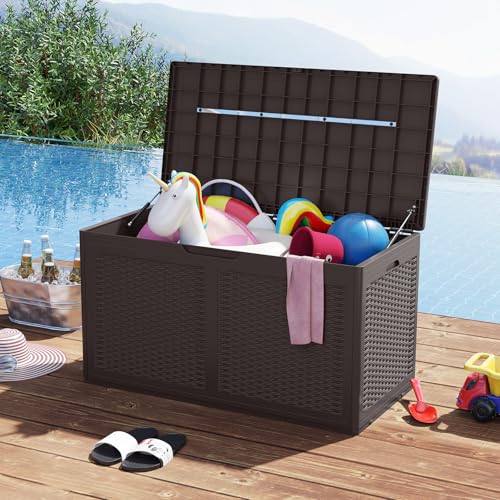 COSTWAY Baul Almacenaje Exterior 380L, Arcon Jardin Exterior de Resina, Impermeable con Tapa Bloqueable, Armario Resina con 2 Ruedas, Terraza, 111 x 56 x 61 cm (marrón) - imagen 7