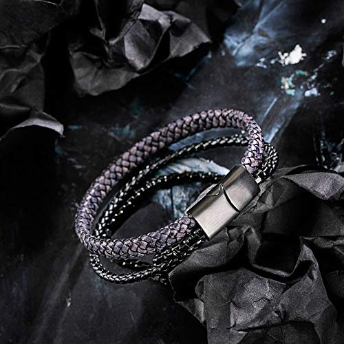Image of Men's Leather and Steel Chain Bracelet with Clasp