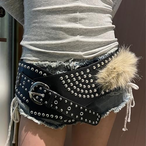 Furry Furs Patchworked Corset Belt Aesthetic Waist Cincher Pu Leather Waistband Western Styles3