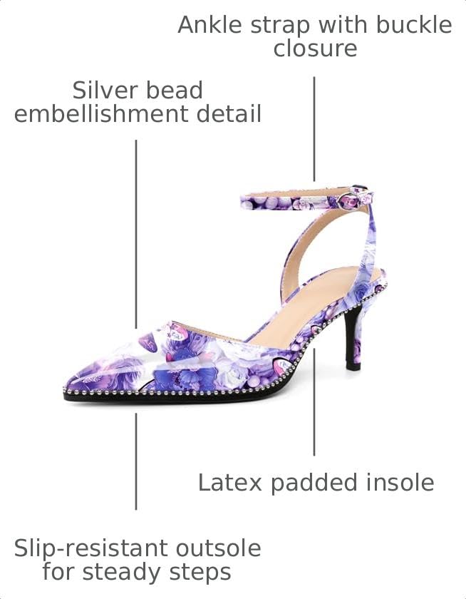 Image of SAMMITOP Kitten Heels for Women Low Heel Closed Toe Ankle Strap Pumps Wedding Party Beaded Dress Shoes 2.4 Inch