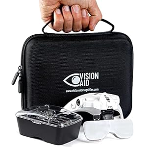 Vision Aid Magnifying Glasses with LED Light, 5 Lenses, Headband, Storage Case | Hands Free Lighted Head Mount Magnifier for Hobby Crafts Macular Degeneration Cross Stitch Diamond Painting Close Work