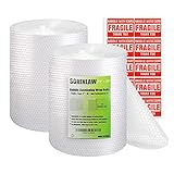 SONINLAW Bubble Cushioning Wrap for Packing Moving Boxes 12 Inches Wide x 36 Feet Long 2 Rolls Perforated Every 12” with 20 Fragile Sticker Labels