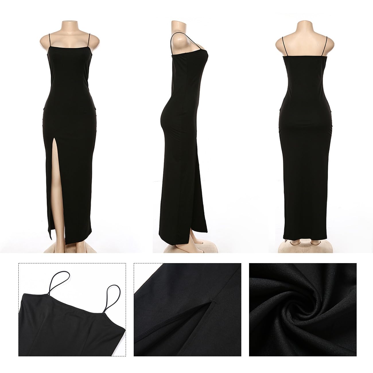 Vestito Donna Spaghetti Strap Bodycon Vestito Estivo Abito da Cocktail Sexy Senza Maniche Lungo Vestito con Spacco Abito Aderente Festa
