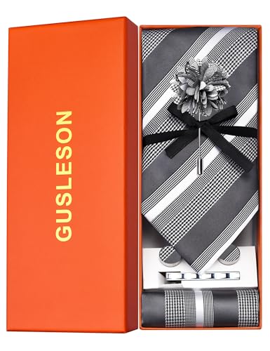 Image of GUSLESON Men's 5-pc Striped Tie Gift Set - Jacquard Necktie, Pocket Square, Cufflinks, Lapel Pin, Tie Clip - Wedding Formal Gifts