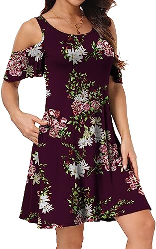Image of Short /Long Sleeve Women's Cold Shoulder Dress with Pockets Casual Swing T-Shirt Dresses