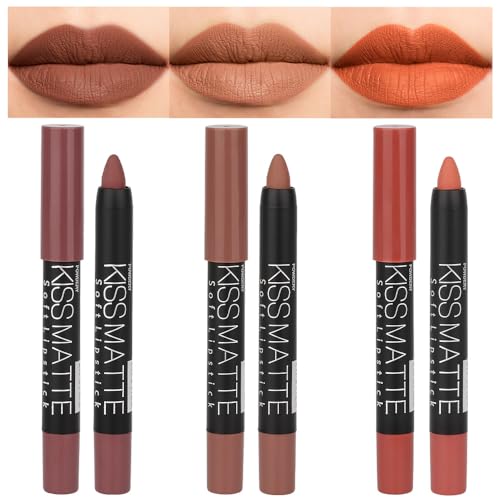evpct 3Pcs Nude Beige Dark Light Brown Yellow Matte Lipstick and Lip Crayon Lip Liner Stick Pencil duo Makeup Set Long Lasting 24 Hour Waterproof Lip Gloss labiales mate 24 horas originales 08&17&19