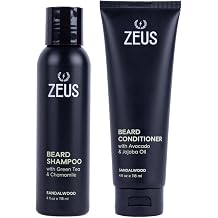 ZEUS Sandalwood Beard Wash Set for Men with Green Tea & Essential Oils | Beard Shampoo & Conditioner Duo with Natural Oils to Hydrate, Soften, Cleanse & Strengthen Facial Hair Made in USA
