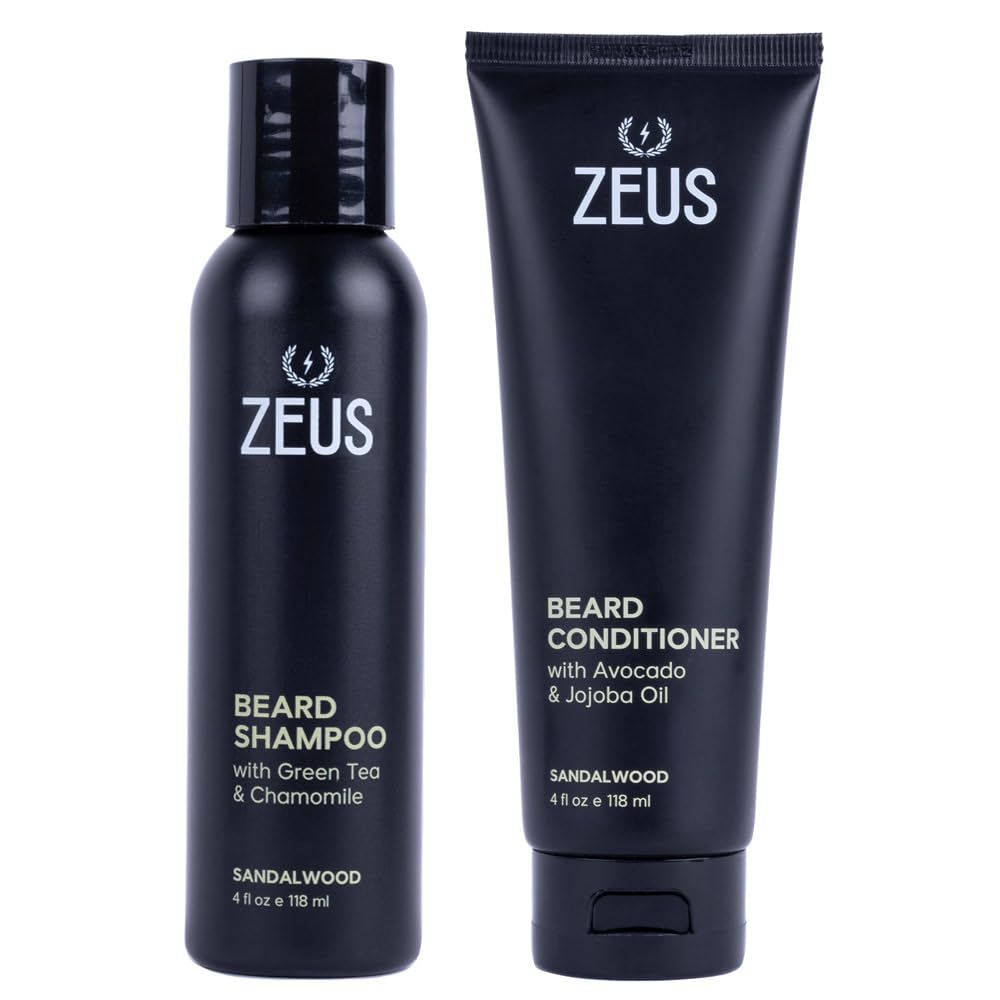 ZEUS Sandalwood Beard Wash Set for Men with Green Tea & Essential Oils | Beard Shampoo & Conditioner Duo with Natural Oils to Hydrate, Soften, Cleanse & Strengthen Facial Hair (Made in USA)